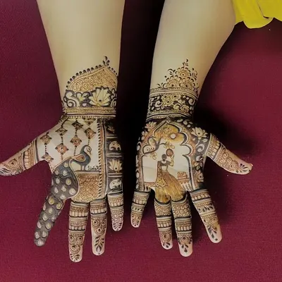 This Karwa Chauth design combines a classic portrait of a woman with a channi and a graceful peacock. The use of negative space makes the figures stand out, creating a balanced and artistic composition.