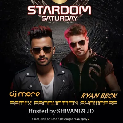 This is a poster from "Stardom Saturday," an event where I performed a remix production showcase alongside the talented Ryan Beck. I enjoy playing my tracks live and sharing the energy with a crowd.