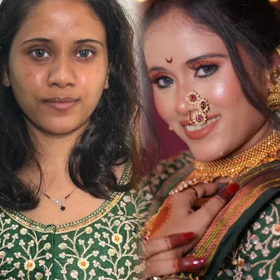 A stunning before and after of a classic Maharashtrian bridal look. The focus is on creating a radiant, flawless base and enhancing the eyes to complement the traditional green saree and jewelry.