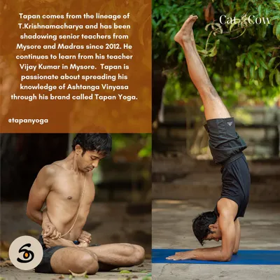 Learn from Tapan, an authentic teacher from the T. Krishnamacharya lineage. He guides the Ashtanga Vinyasa practice, helping you deepen your understanding of breath and philosophy. His own practice, shown here in a seated twist and a forearm stand, reflects his dedication.