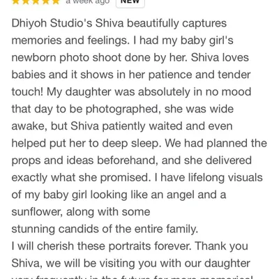 The trust and kind words from the families I work with mean the world to me. This review highlights my patient and gentle approach, which is especially important when a baby is fussy. My goal is always to deliver what I promise and create lifelong visuals you will cherish.