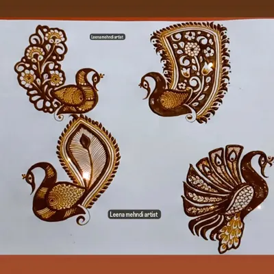 A collection of four different elegant peacock motifs. These can be used as central elements in a bridal design or as standalone features for guest mehndi.