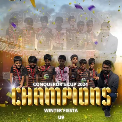 Triple Crown Champions! Our U9 team celebrating their victory at the Conqueror's Cup 2024 Winter Fiesta, one of three age-group titles we won at the tournament.