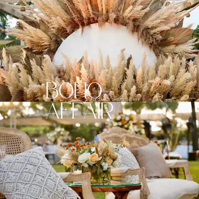 A collage showcasing the key elements of a "Boho Affair". It features a stunning pampas grass moon-gate backdrop and cozy lounge seating with macrame cushions, perfectly capturing the rustic and romantic vibe.