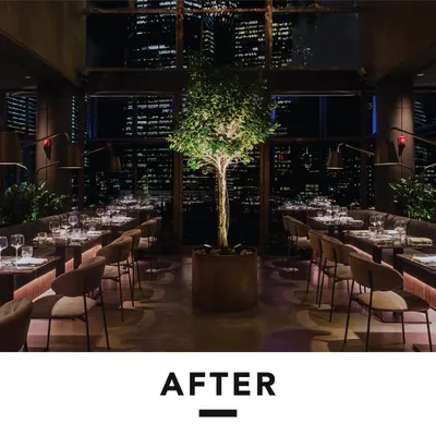 The stunning "After" shot of our One40 Rooftop project in Manhattan. We transformed the space into a refined, warm, and unforgettable hospitality experience, with a central tree bringing a touch of nature to the urban environment.