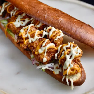 Our Hot Honey Fried Chicken Sandwich is a weekend special that always sells out. It's packed with crispy fried chicken, a spicy habanero hot sauce, and a cooling house-made blue cheese sauce on a soft brioche bun.