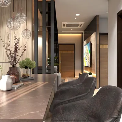 A design concept for a dining area with a wooden partition and modern pendant lighting.