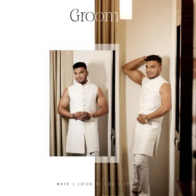 A stylish collage of the groom, Kartar, getting ready for his engagement. The mix of a mirror reflection and a confident pose showcases his sharp look and personality.