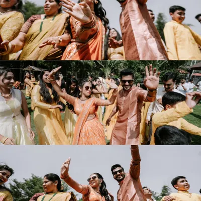 The yellow vibe is on! A collage capturing the high-energy dance moments from a Haldi ceremony, with everyone celebrating together.