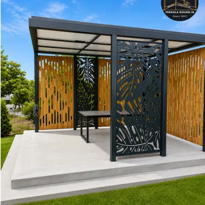 This modern carport is more than just a parking space; it's an architectural feature. The design includes decorative privacy panels and a wood-finish ceiling, providing stylish protection for your vehicle.