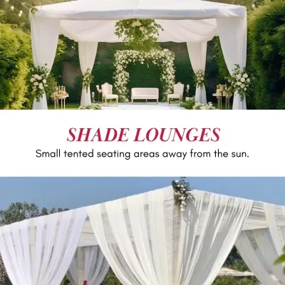 For outdoor daytime functions, guest comfort is key. We create elegant shade lounges with tented seating areas, allowing guests to relax and socialize away from the sun while still being part of the festivities.