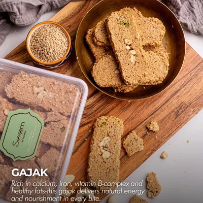 My Gajak is rich in calcium, iron, and healthy fats. This image shows the traditional sweet in its packaging and served in a brass bowl, highlighting its nutritional benefits.