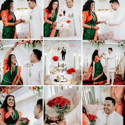 A complete story of an engagement ceremony in one collage. It features the ring exchange, the cake cutting, the couple dancing, and the groom's romantic proposal, capturing all the highlights of the celebration.