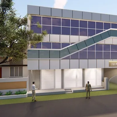 This is a 3D visualization for a modern commercial building in Davangere. The design features a glass curtain wall for ample natural light and a dynamic, angled exterior staircase, creating a strong visual identity for the business.
