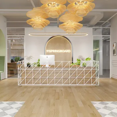A rendering of the main reception desk for the coworking space, featuring a geometric white metal base and a warm wood top. The statement pendant lights and neon signage create a bold and welcoming entry point.