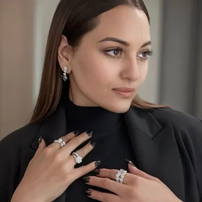 The beautiful Sonakshi Sinha in a moment of quiet elegance, adorned in our diamond rings and earrings. This candid shot captures the natural synergy between a confident woman and fine jewellery.