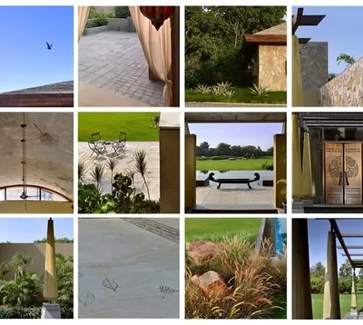 This collage captures the essence of a project through its details: the texture of a stone wall, the pattern of a laser-cut door, the reflection in a pool, and the form of a sculptural column. It reveals the connected narrative and material palette of the home.