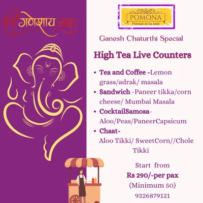 For Ganesh Chaturthi, I offer special high-tea live counters and packed food boxes. This menu includes festive favourites like chaat, sandwiches, and cocktail samosas to treat your guests.