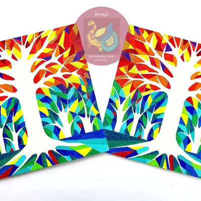This version of my "Tree of Life" painting uses a negative space technique, where the tree is formed by the colorful, geometric shapes of the forest around it. This 14x14 inch piece is a modern, abstract take on a timeless symbol.