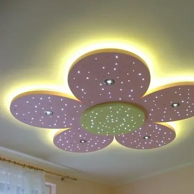 A beautiful flower-shaped ceiling fixture with fiber optic lights that twinkle like stars. This design adds a touch of magic and wonder to a child's bedroom.