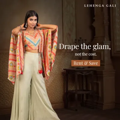 Drape the glam, not the cost. This trendy mint green palazzo set with a colorful printed cape is the perfect modern outfit for a fun mehendi or sangeet ceremony.