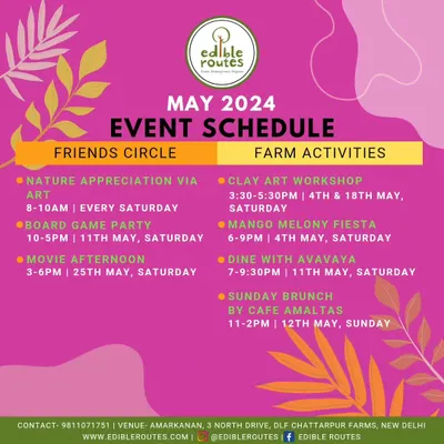 Our event schedule for May, packed with activities like a Clay Art Workshop, Mango Melony Fiesta, and a special Sunday Brunch. Mark your calendars!