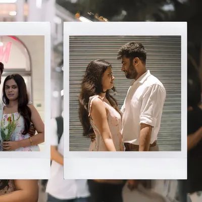 A creative shot from a couple's photoshoot, edited with a polaroid frame style. This captures an intimate, close-up moment that feels both modern and nostalgic.
