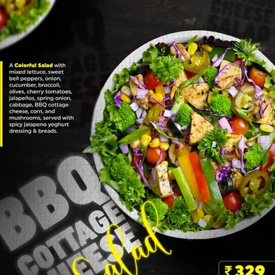 Our BBQ Cottage Cheese Salad is a colorful and protein-packed meal for the modern hustler. It's a mix of lettuce, bell peppers, broccoli, olives, and BBQ cottage cheese, served with a spicy jalapeno yogurt dressing.