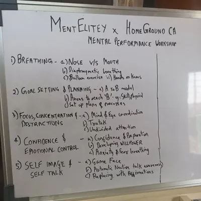 This is the curriculum from our mental performance workshop. We cover key topics like breathing for emotional control, goal setting, focus techniques, and building self-confidence.
