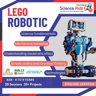 This flyer for our LEGO Robotic course at the Churchgate center gives a clear overview of what we teach. We cover science fundamentals, mechanical modeling, and creative thinking through over 30 sessions and 35 projects for kids aged 4 to 9.