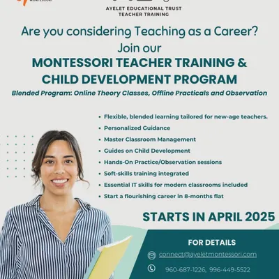 This flyer details my comprehensive Montessori Teacher Training and Child Development program. It's a blended course combining online theory with offline practicals, designed to make you a job-ready, confident Montessori guide in just eight months.