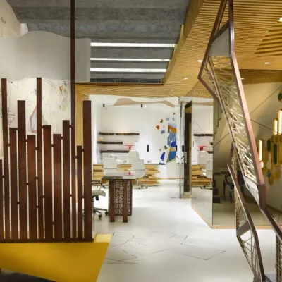 An overview of the AMG Real Estate office, a 1,000 sq. ft. basement space we designed to break away from conventional office clichés. The design creates a modern, immersive environment that redefines the workspace through design-driven thinking.