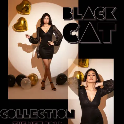 A collage for a fashion brand's "Black Cat Collection". This format is great for social media, showing multiple angles and the overall vibe of the collection in one post.