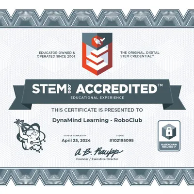 This is our official certificate of accreditation from STEM.org. This recognition validates our curriculum and educational experience, assuring parents that we provide a top-tier program designed to inspire the next generation of innovators.