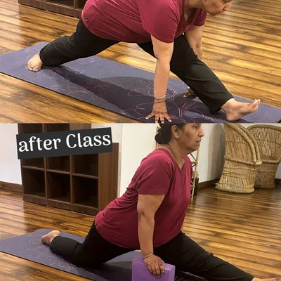 Another incredible one-day transformation in Hanumanasana (the splits). By using a yoga block for support and focusing on proper alignment, this student was able to find more depth and ease in the pose. This shows how the right technique makes all the difference.