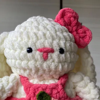 This is my Pookie Bunny, a super soft and cuddly friend made from plush yarn. I designed her with a sweet expression and a cute little outfit to make her extra special.