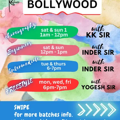 Learn Bollywood in diverse ways. This schedule shows our different Bollywood batches, including choreography, beginners, intermediate, and freestyle classes with our expert instructors.