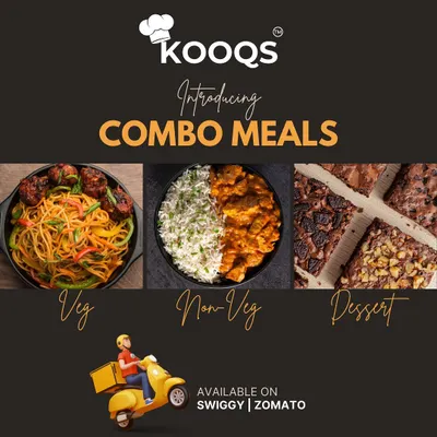 An overview of our signature combo meals, available for delivery. This graphic showcases our popular options: a veg combo with noodles and manchurian, a non veg combo with rice and curry, and our assorted brownies for dessert.