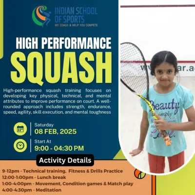 An announcement for our High Performance Squash workshop. These intensive, full-day sessions are designed to elevate a player's physical, technical, and mental game.