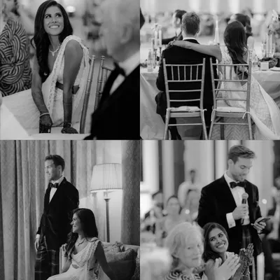 A collage of black and white candid moments from a wedding reception. These images capture the heartfelt speeches, the loving glances, and the warm atmosphere of the evening.