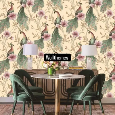 A dining room featuring a beautiful wallpaper with peacocks and pink flowers on a cream background.