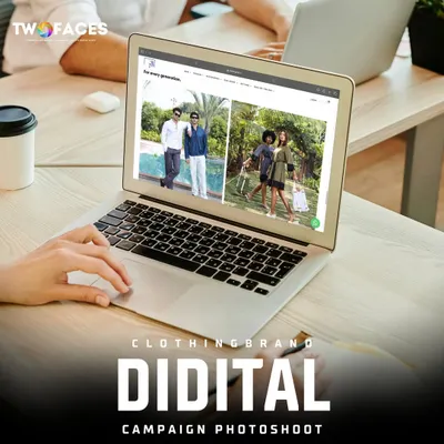 An image of a laptop displaying a clothing brand's digital campaign, created by our team. We design and shoot content that is optimized for website banners, lookbooks, and online advertising.