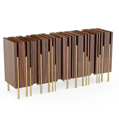 Inspired by the stunning gothic architecture of London, our "Glory" sideboard reflects verticality and rhythm. The piece features a series of wood-veneered panels of varying depths, supported by delicate polished brass legs.