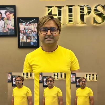 A collage showing a male client's hair color transformation. The new, lighter shade gives him a bold and fearless look, proving that men can have fun with color too.