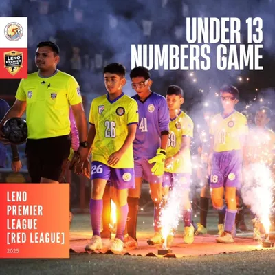 A graphic celebrating our U13 team's journey in the Leno Premier League, where they were unbeaten champions of the Thane edition.
