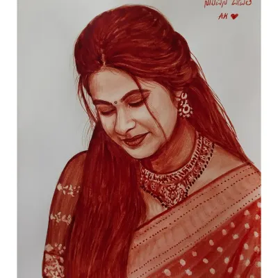 A beautiful blood portrait capturing a serene expression, with a personal message written in Kannada. I can add custom text in English or Kannada to any piece.