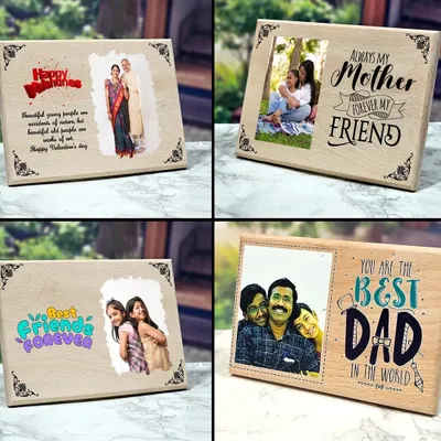 This collage shows the variety of themes I can create on wooden plaques, including designs for Valentine's Day, Mother's Day, Father's Day, and friendship.