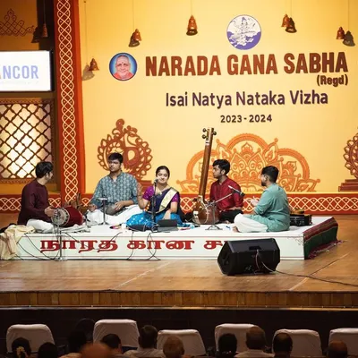A wide view of the stage at the prestigious Narada Gana Sabha. A full kutcheri is a team effort, and the energy shared between me and my co-artists on violin, mridangam, ghatam, and tambura is what brings the performance to life.