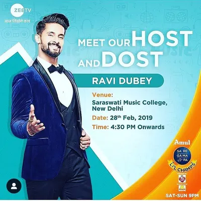 My venue is a trusted partner for national talent hunts. Here is a poster from when I hosted the host of Zee TV's Sa Re Ga Ma Pa Lil Champs, Ravi Dubey, for a special meet and greet and audition session, providing a platform for aspiring young singers.