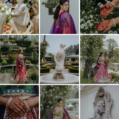 A collage of a beautiful garden Mehendi, showing the bride's colorful outfit, intricate henna details, and the lush decor. We capture the overall aesthetic of the event.
